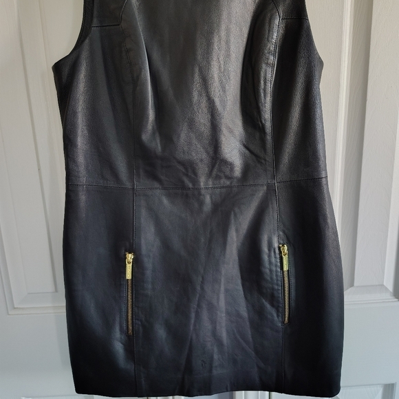 Michael Kors Faux Leather Black Mini Dress w Gold Zippers 8 - Picture 3 of 9
